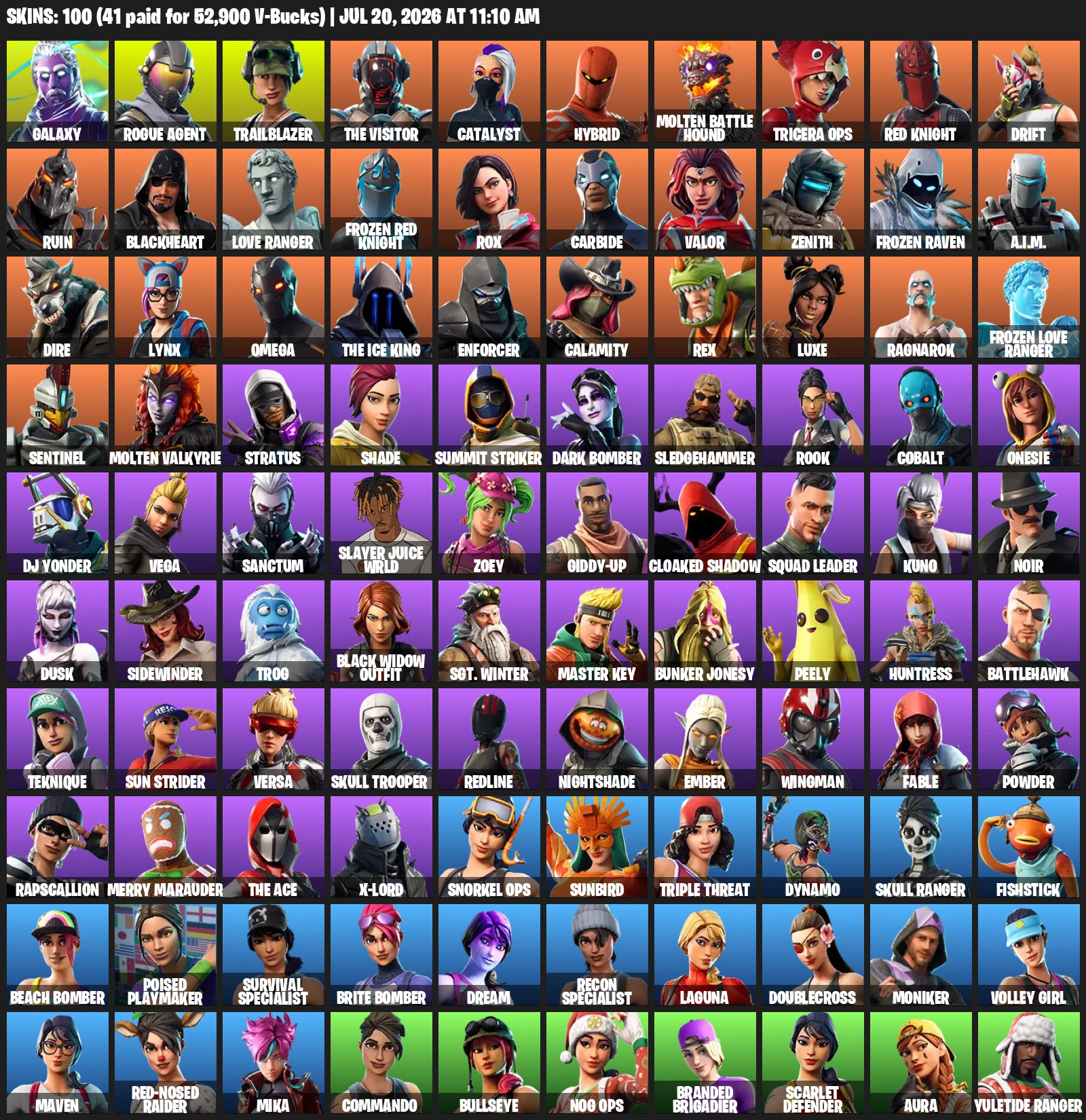 100 Skins | Galaxy | WORLD CUP | Omega (stage 5) | Rogue Agent | Trailblazer | A.I.M. | Dire | The Visitor